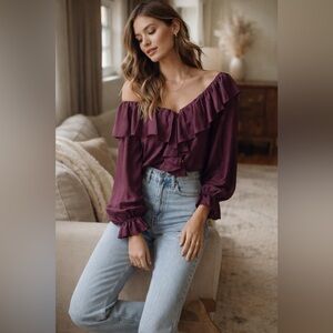 100% Silk Ruffle Peasant Blouse| Jonathan Martin NWT | Vintage Boho Plum Top Med